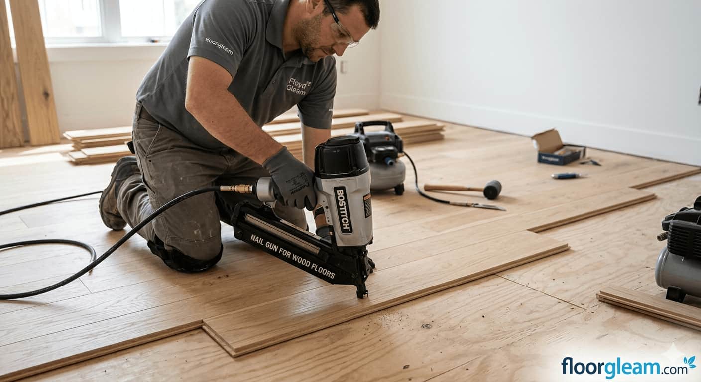 Close-up of a pneumatic flooring nailer being used to install hardwood floor planks.