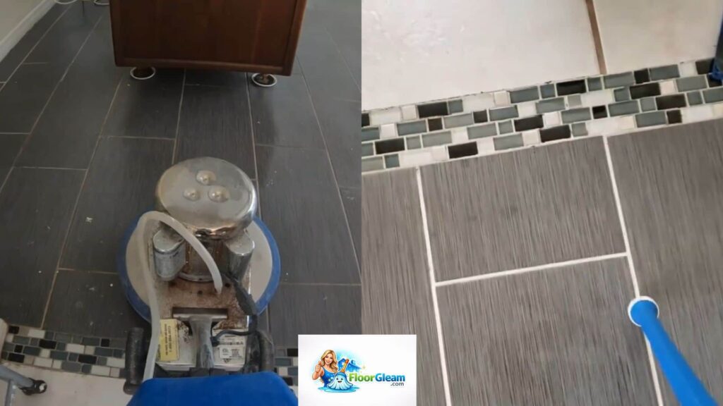 Side-by-side comparison of a paint-stained tile floor and a perfectly clean, shiny ceramic floor.