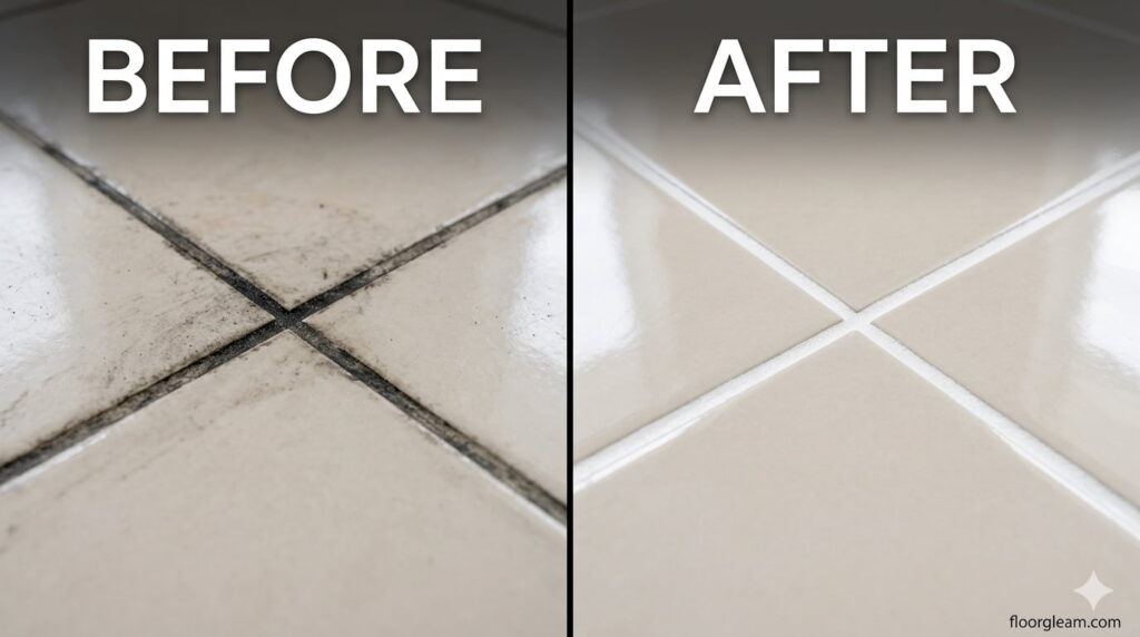 Split screen image showing dark, grimy tile grout on the left and bright, white clean grout on the right.
