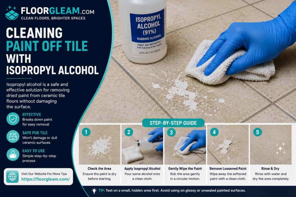 Cleaning paint drips from floor tile using a microfiber cloth and cleaning solution.
