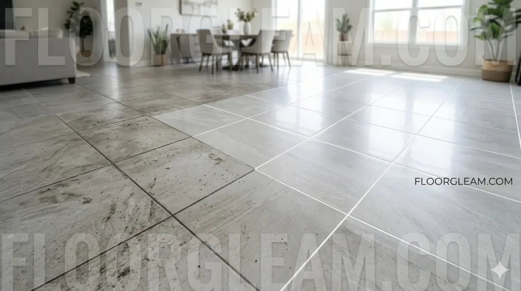 A high-efficiency steam cleaner being used on a full room of floor tiles to demonstrate how to clean floor tile grout without scrubbing, showing a clear contrast between the dirty and restored sections.