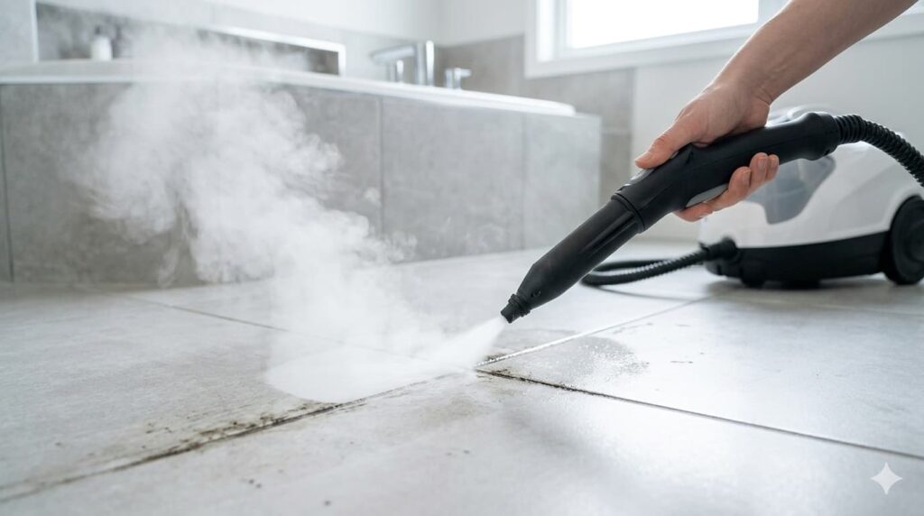 A canister steam cleaner nozzle blasting hot vapor onto a dark, stained grout line between porcelain tiles